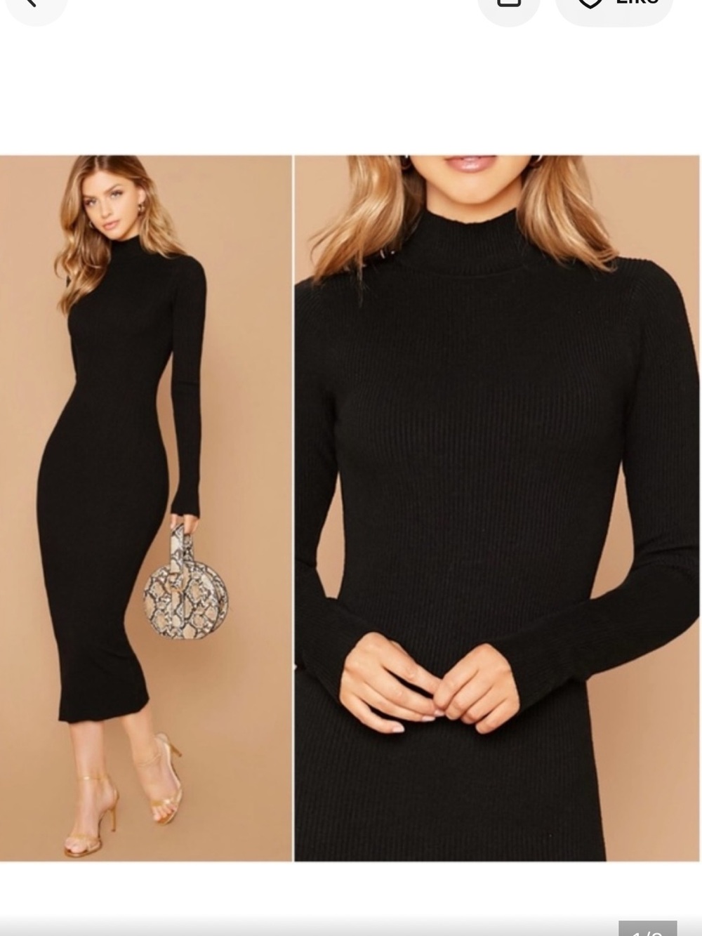 Black Mock Neck Fitted Midi Dress size small zesica